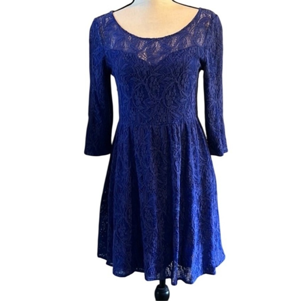 Free People Royal Blue Floral Lace Fit and Flare‎ 3/4 Sleeve Mini Dress Small - Picture 2 of 10